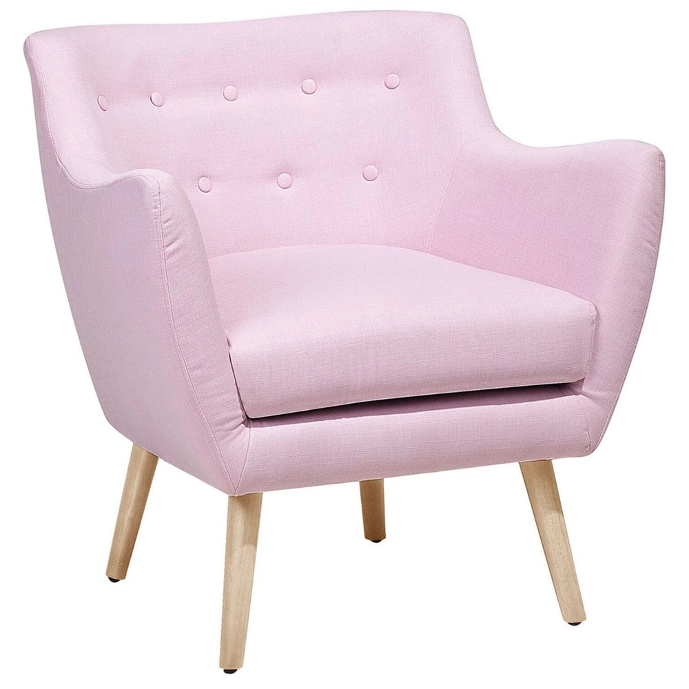 Poltrona Tessuto Rosa Bottone Schienale Gambe Legno Gomma Moderna