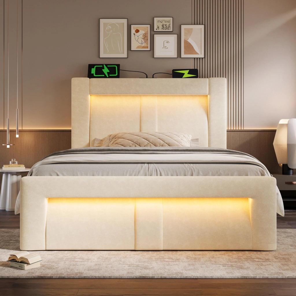 LETTO contenitore 90x200 cm in velluto beige con LED, USB, Type-C e materasso incluso