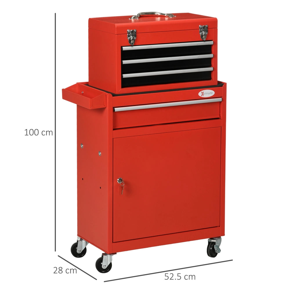EasyComfort Carrello Porta Attrezzi 2 in 1 con Cassetta Rimovibile e Armadietto con Chiave in Acciaio, Rosso