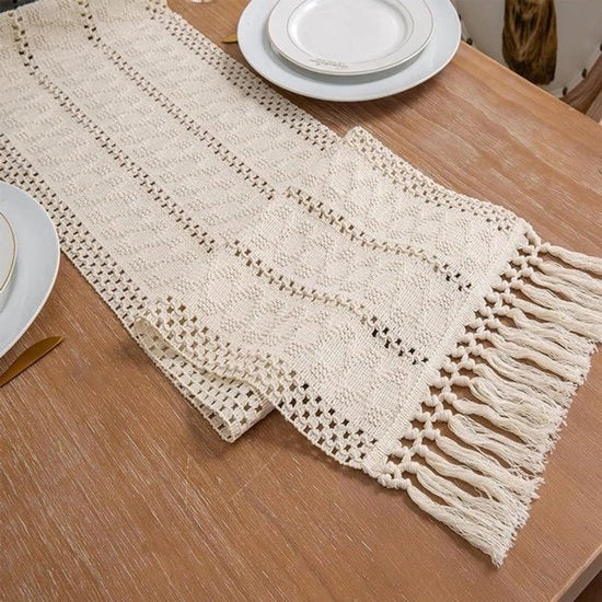 Tavolo da pranzo bohemien - Macramé - Rurale - Tavolo da pranzo in cotone tessuto - Lino - Tavolo da pranzo rustico con ciuffi manufatti - Arredamento domestico - Cene - Matrimonio - 30 x 180 cm.