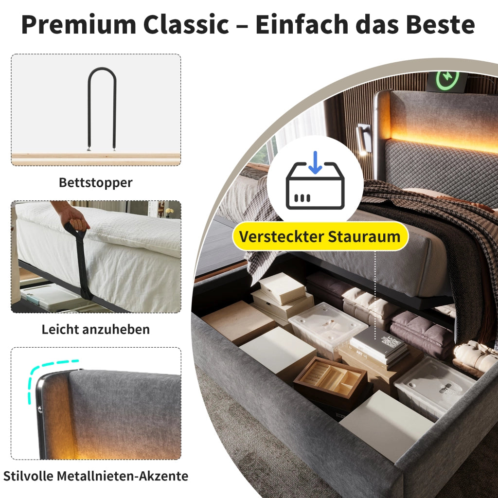 Letto contenitore 140 × 200 cm con testiera alta, LED, USB e Type-C, materasso incluso, grigio