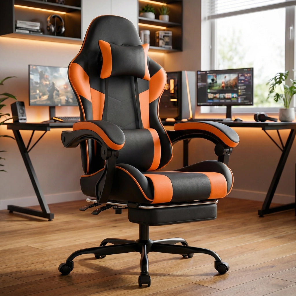 Sedia da gaming ergonomica - Zephmum- Regolabile in altezza e supporto lombare, nera e arancione