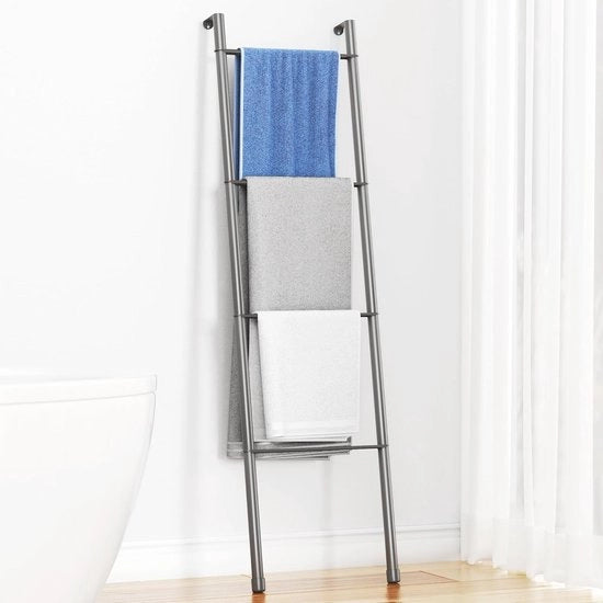 Houder per asciugamani in metallo grigio - scala decorativa per asciugamani per bagno, soggiorno e cucina - ripiano per asciugamani, coperte e altro - 4 livelli design grigio