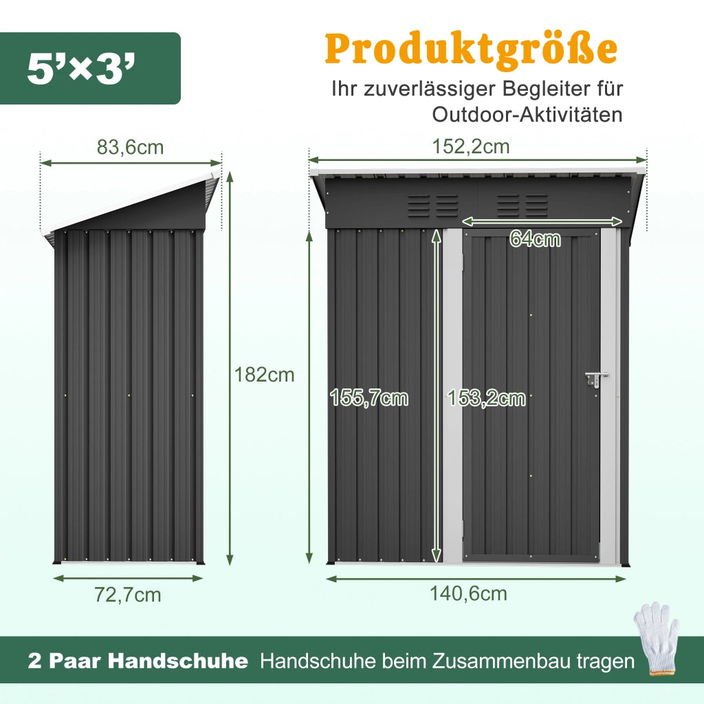 Armadio da giardino con porta in metallo chiudibile senza finestre in acciaio nero per attrezzi 152 × 84 × 182 cm