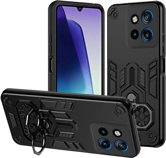Custodia shockresistente in silicone per smartphone, supporto a doppio anello, nero, rotazione 360 gradi