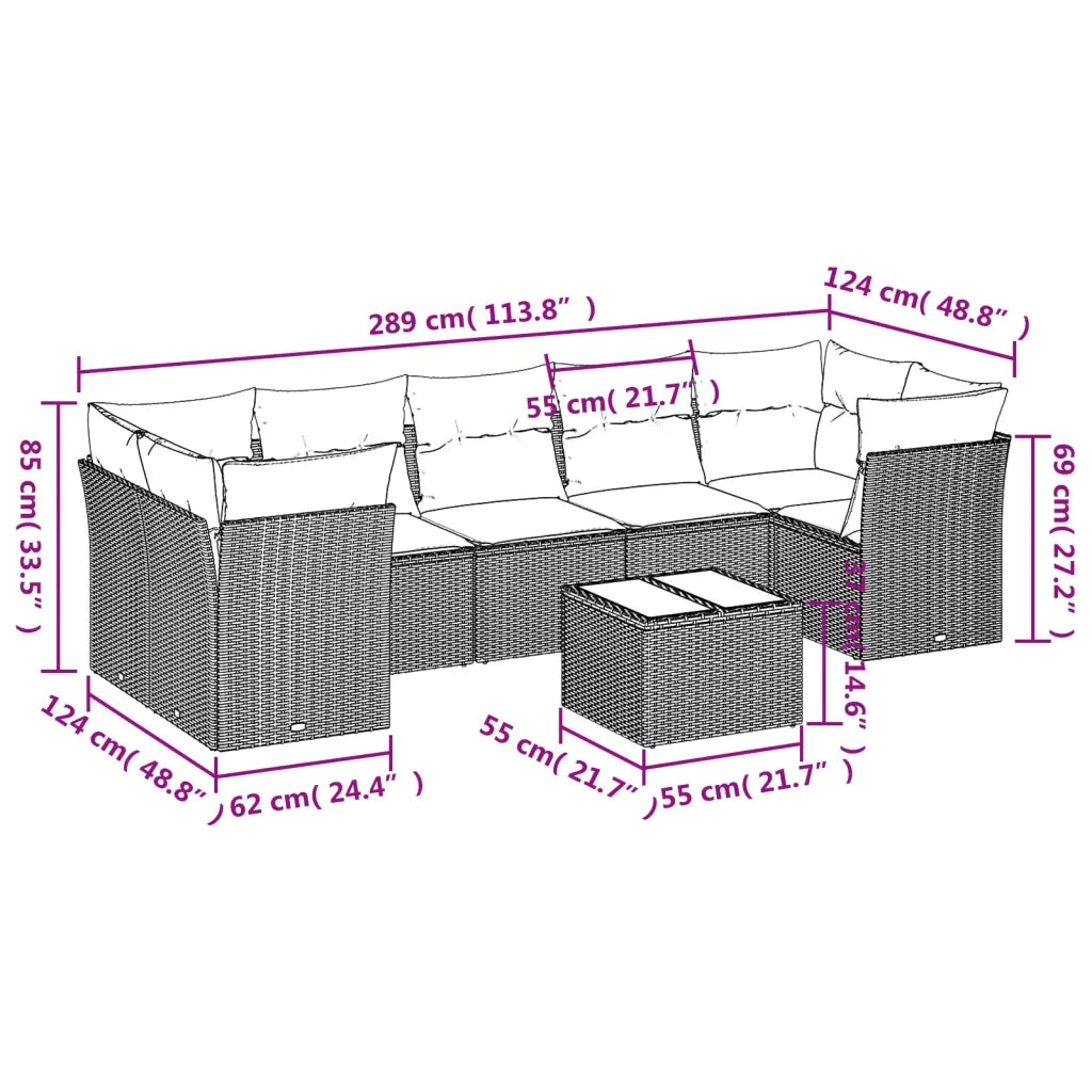 Set Divano da Giardino 8pz con Cuscini Grigio Chiaro Polyrattan