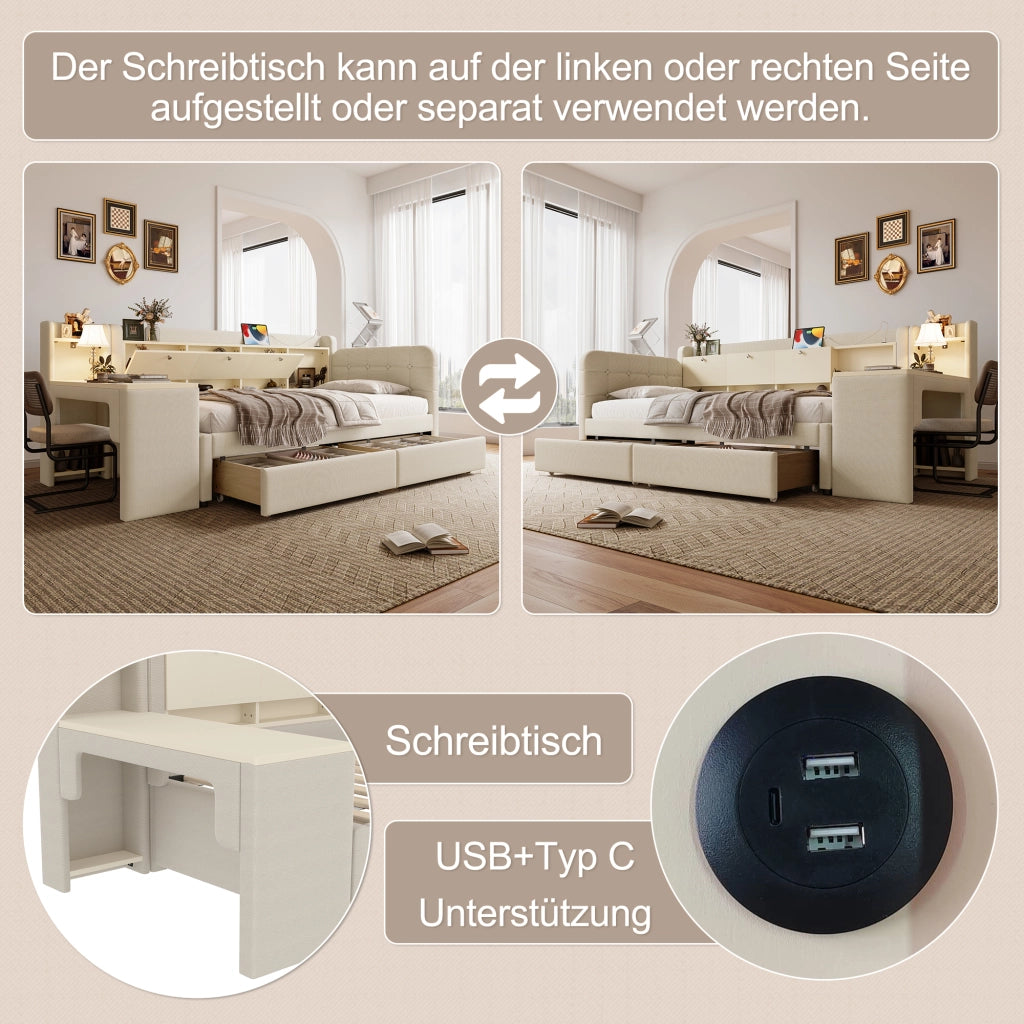 LETTO 90x200 cm in lino beige con 2 cassetti, scrivania, USB e Tipo C
