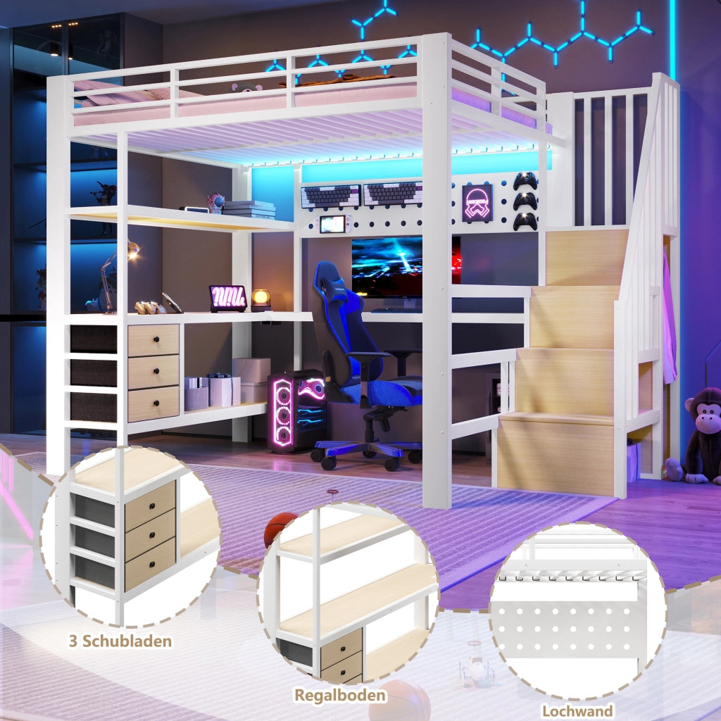 LETTO A CASTELLO 140x200 cm Bianco con scrivania, cassetti, LED