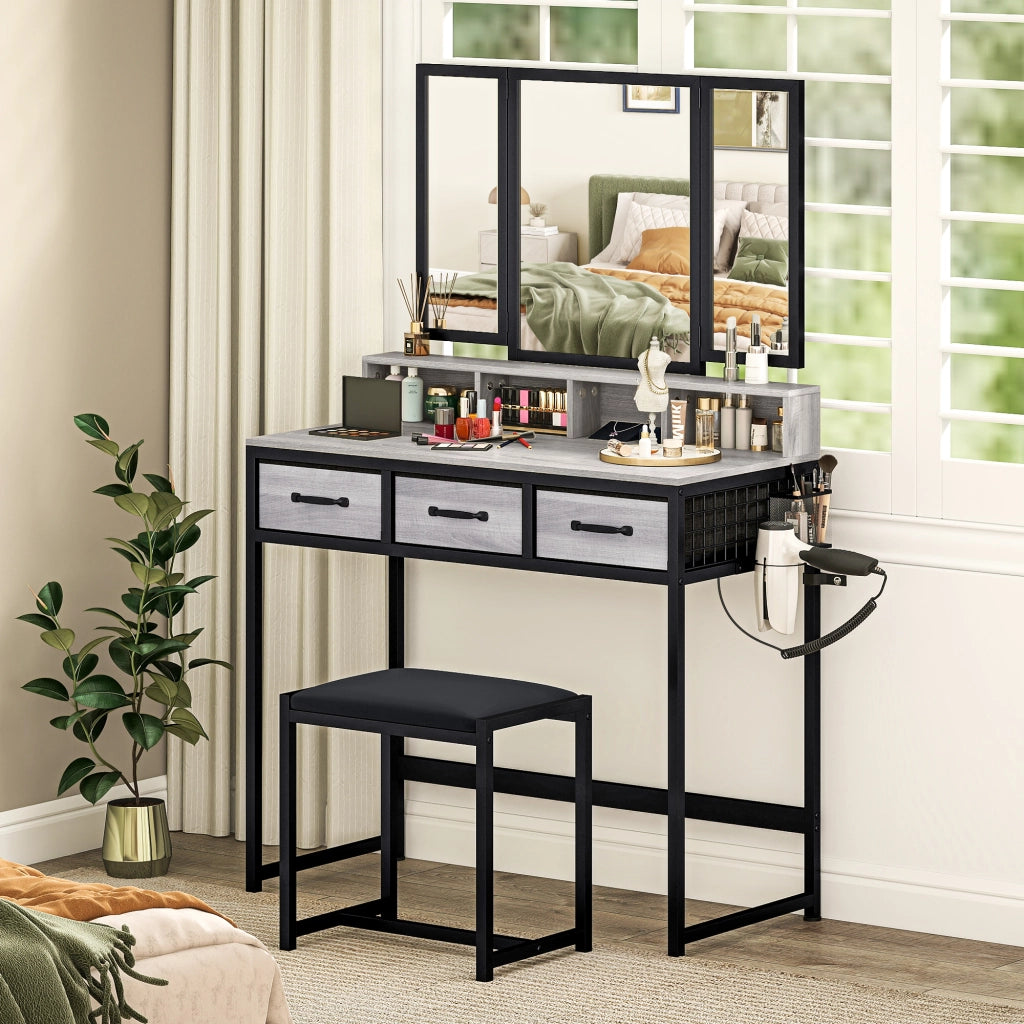 Cassettiera per Trucco con Specchio e Sgabello ¨C Minimal ¨C Grigio Tessuto 3 Cassetti