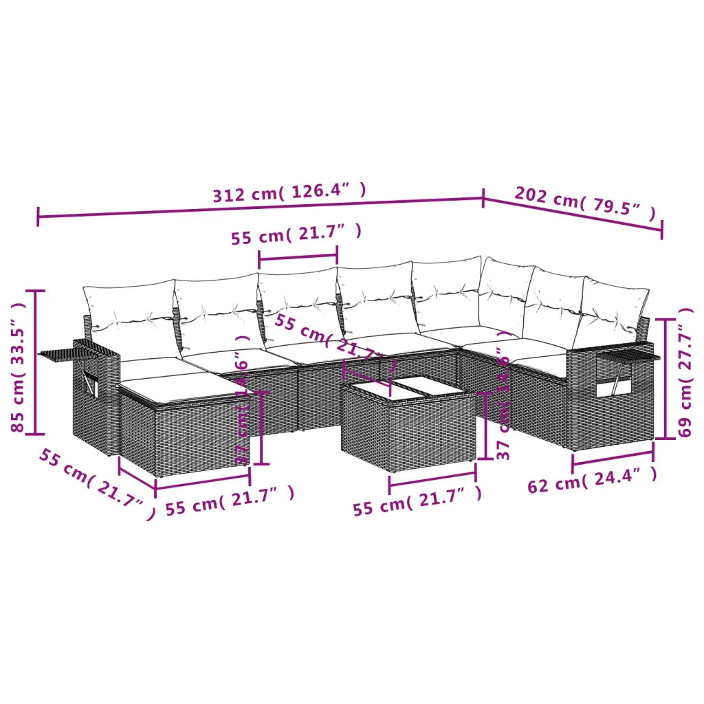 Set Divano da Giardino 9 pz con Cuscini Grigio in Polyrattan
