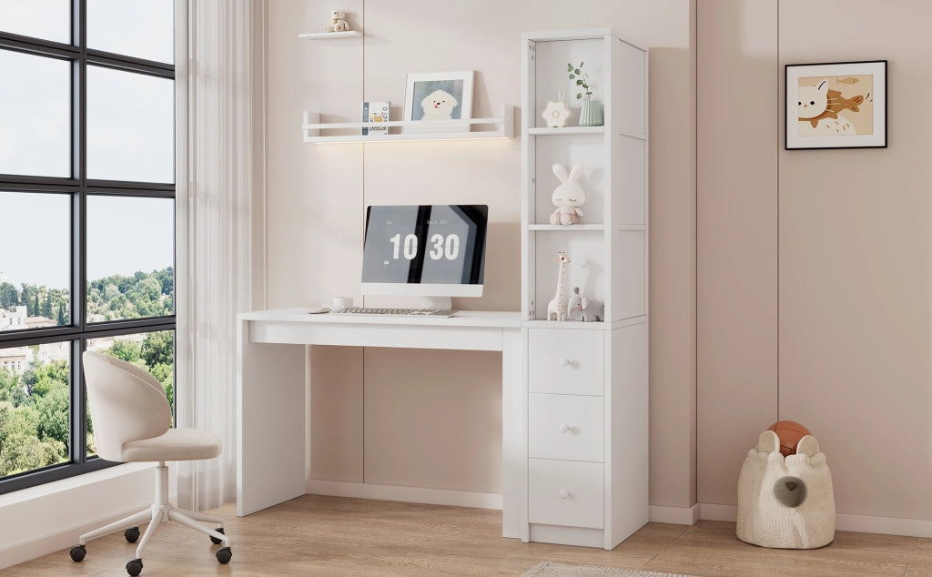 Scrivania lineare con libreria, 3 cassetti e mobile laterale, per studio e lavoro, bianco