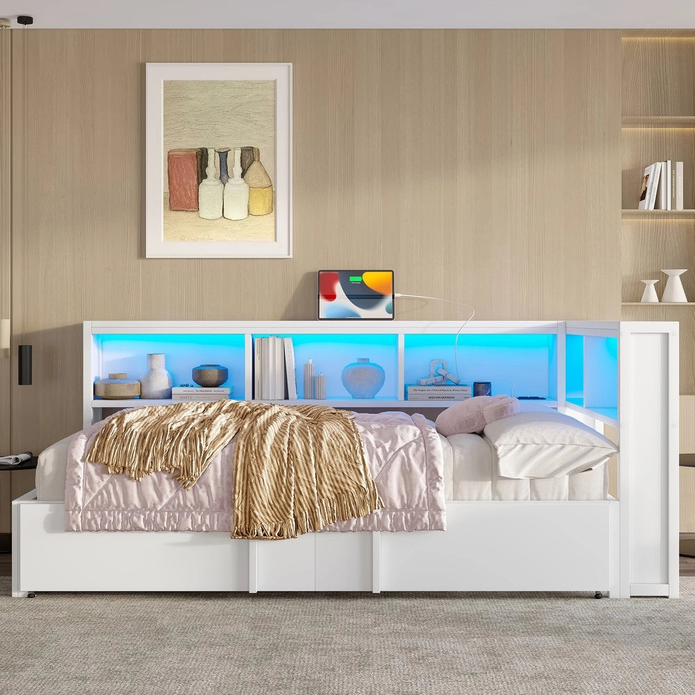 Letto con Rete Estraibile, LED e USB ¨C MINIMAL ¨C Metallo Bianco 90x200