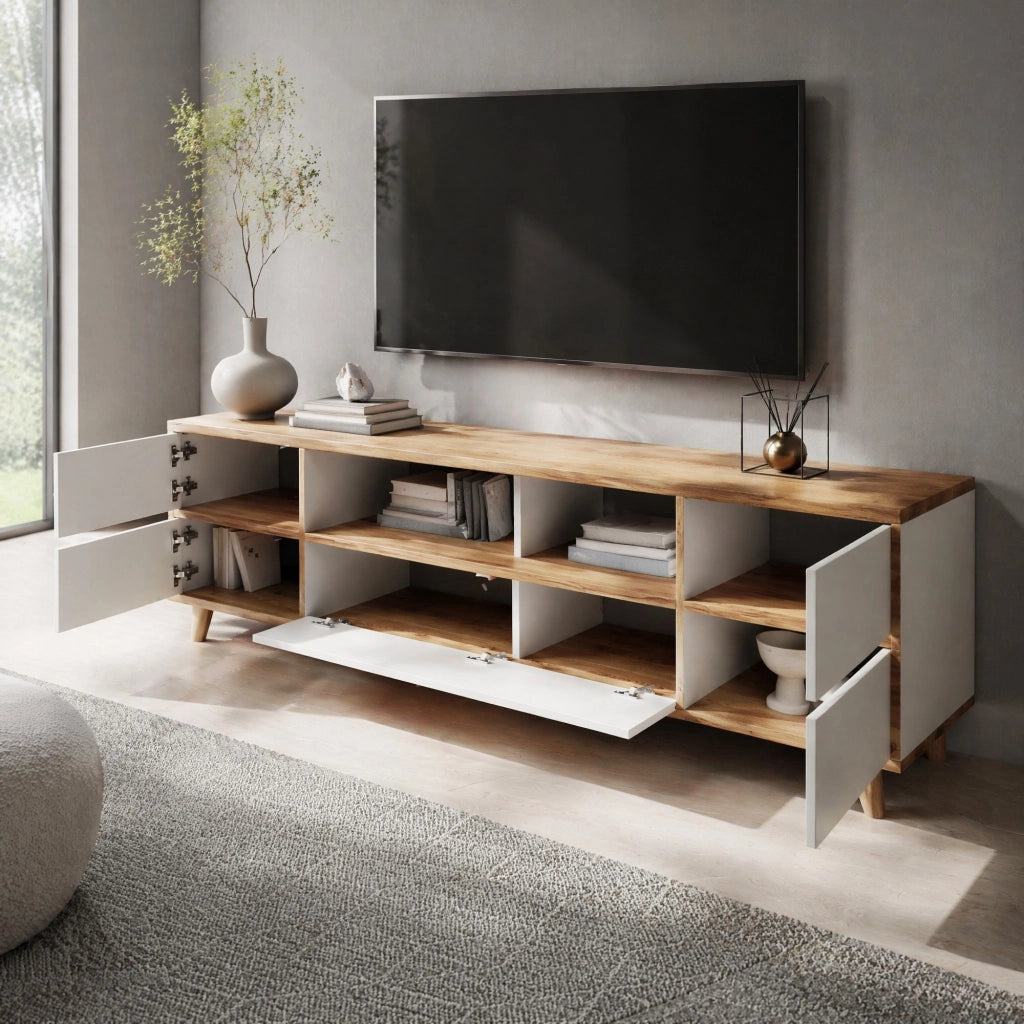 Mobile TV moderno 175x37x51 cm con vani e ante; in MDF; bianco