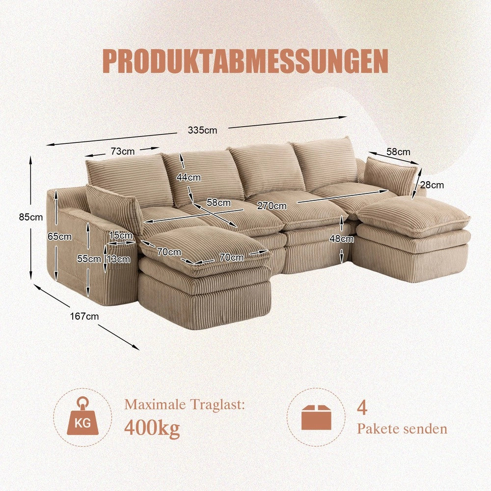 Divano modulare 4 posti con sgabelli - Zephmum- Tessuto cord, cuscini, tasche laterali