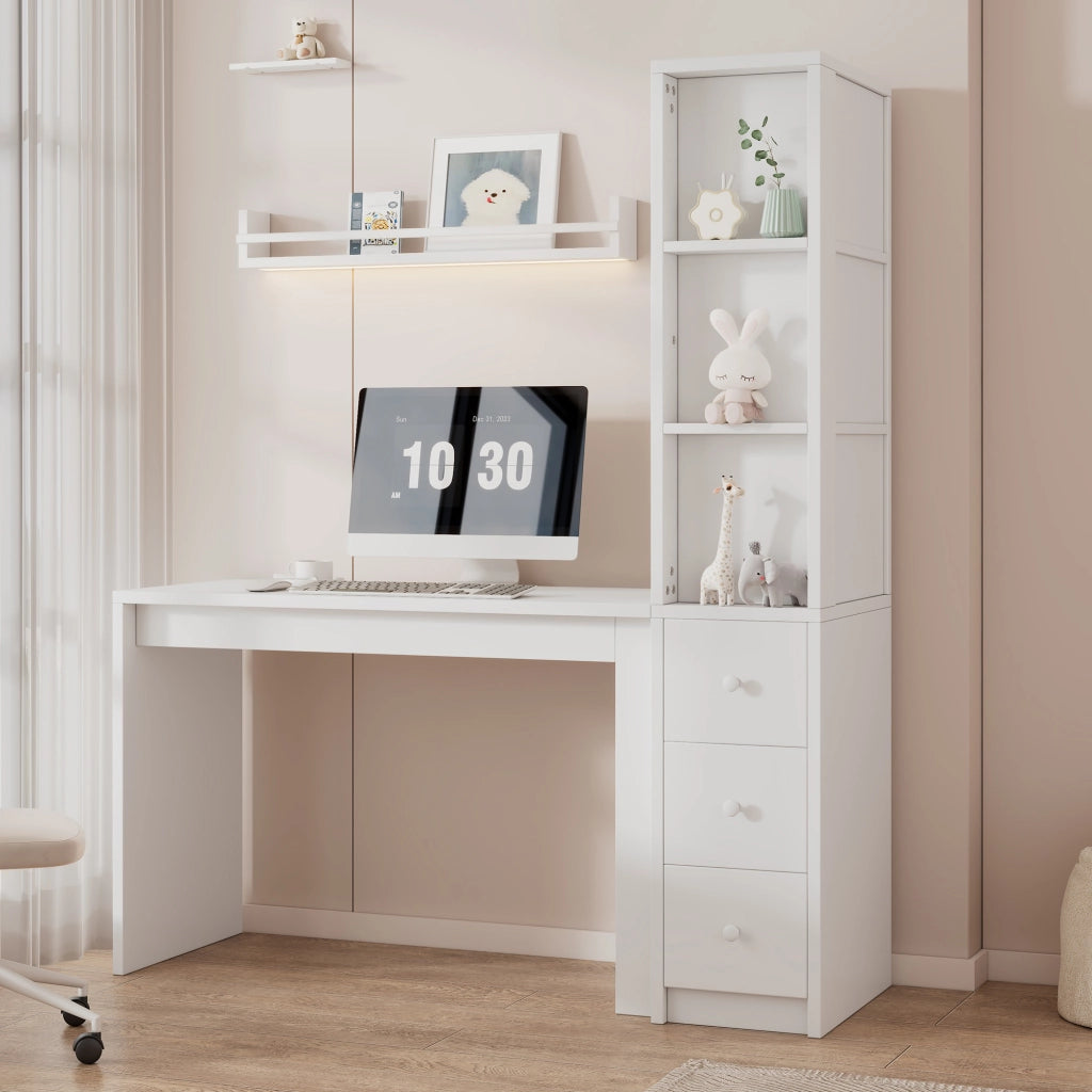 Scrivania lineare con libreria, 3 cassetti e mobile laterale, per studio e lavoro, bianco
