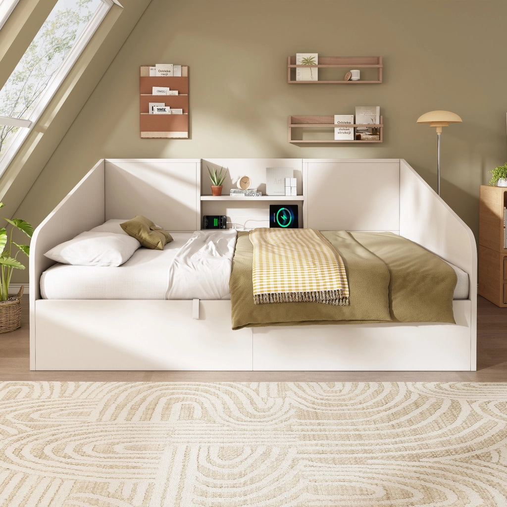 Letto a Divanetto 140 x 190 cm con Contenitore; USB; Type-C e Mensole in Legno - Bianco