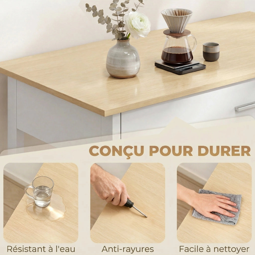 Carrello cucina con ruote ¨C Xylo ¨C piano lavoro, cassetto, ripiani, portasciugamani, bianco