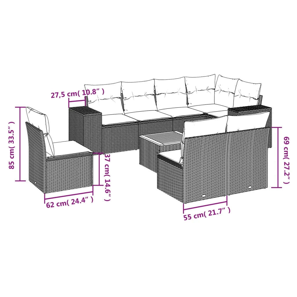 Set Divani da Giardino 9 pz con Cuscini Nero in Polyrattan