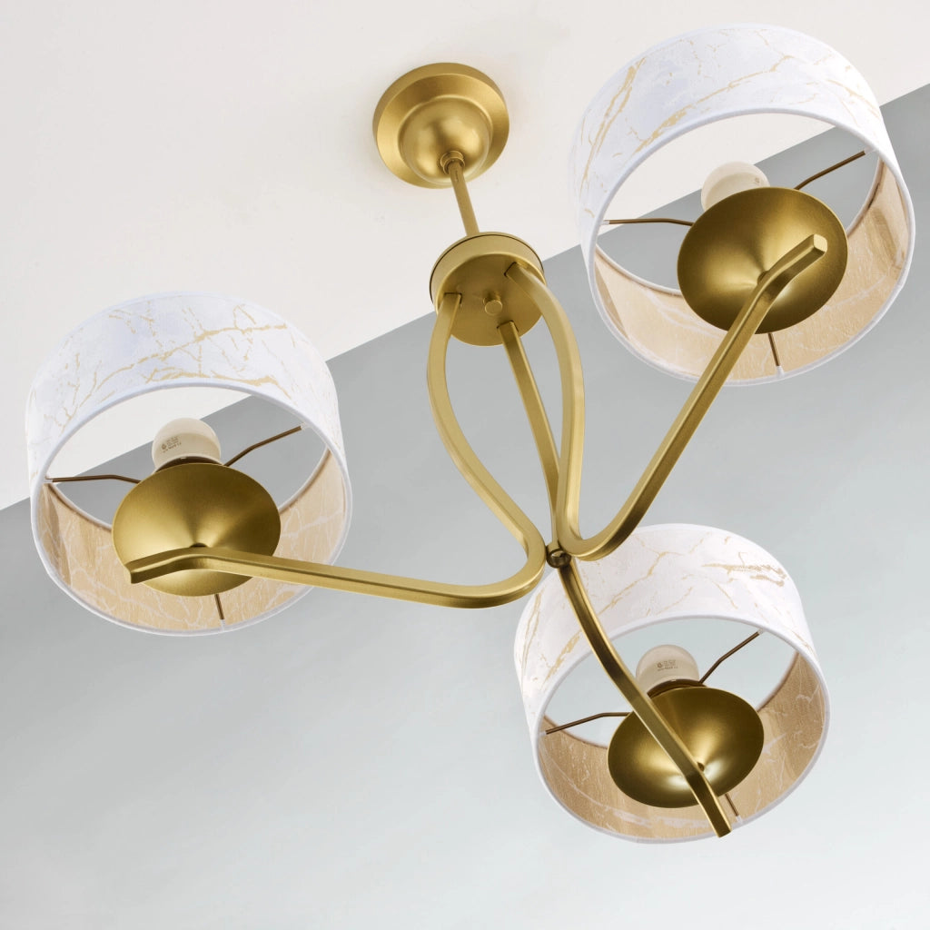 Lampada sospensione oro, 3 paralumi bianchi E27 Jupiter