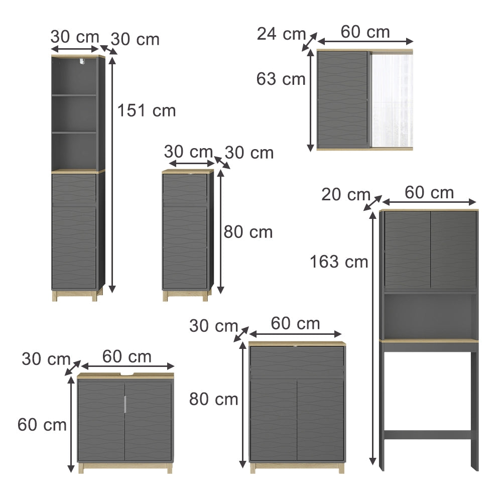 Vicco Set di mobili da bagno Antracite/quercia 6 parti