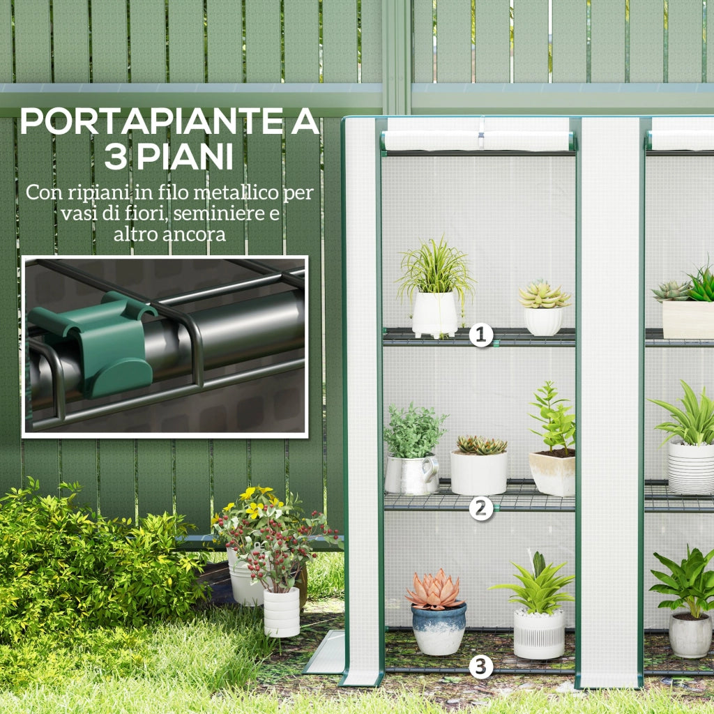 Serra da Giardino con 2 Porte, Scaffale 3 Ripiani e Tasche Laterali ¨C Xylo ¨C Bianco e Verde