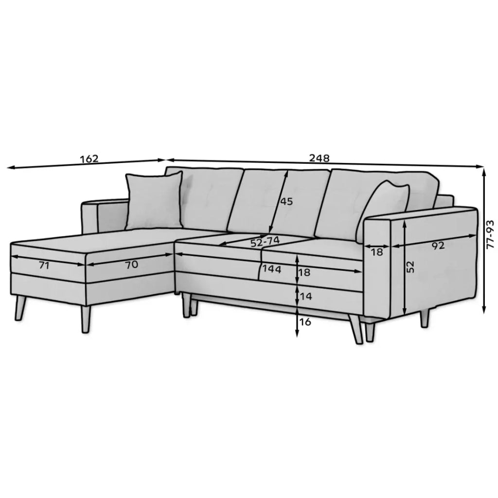Divano angolare convertibile HASGARD 3 posti grigio 248x162 cm - contenitore e piedi in legno