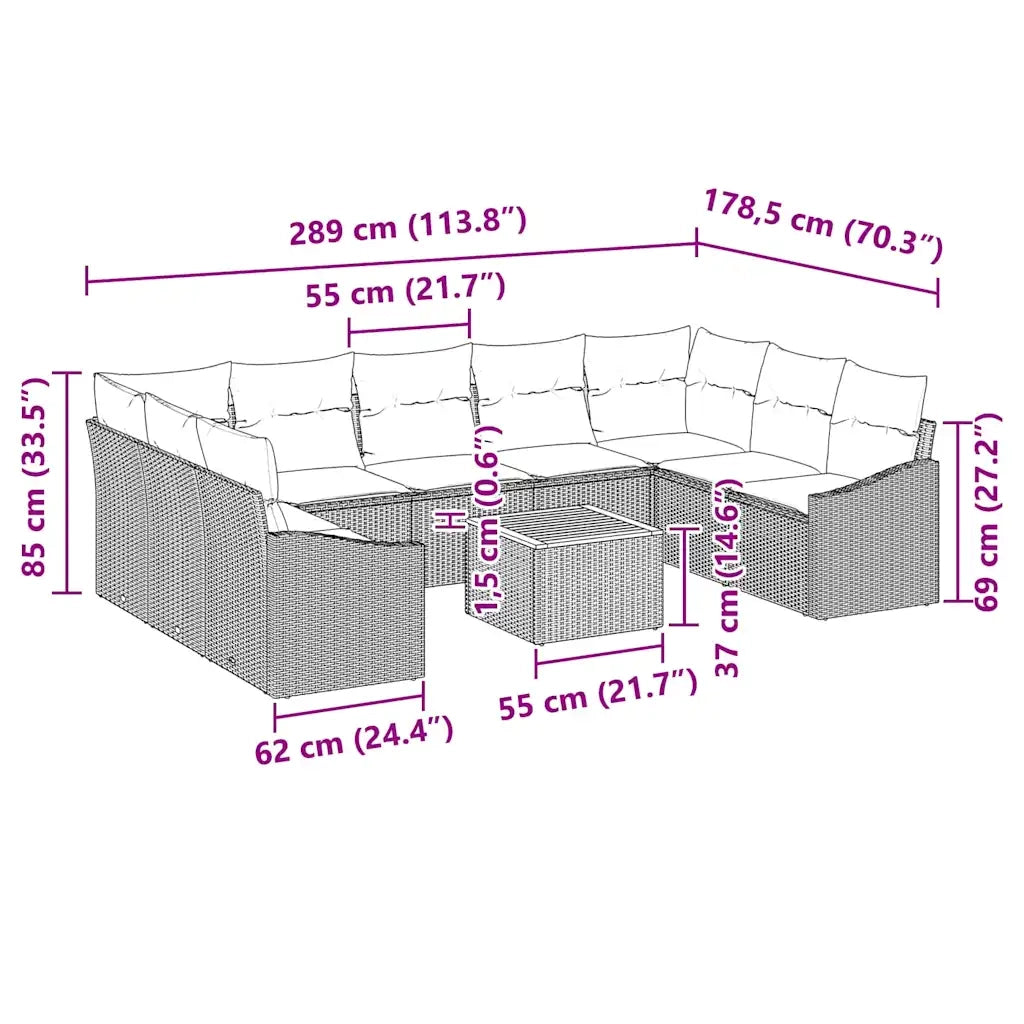Set Divano da Giardino con cuscino 10 pcs Beige polyrattan 3347875