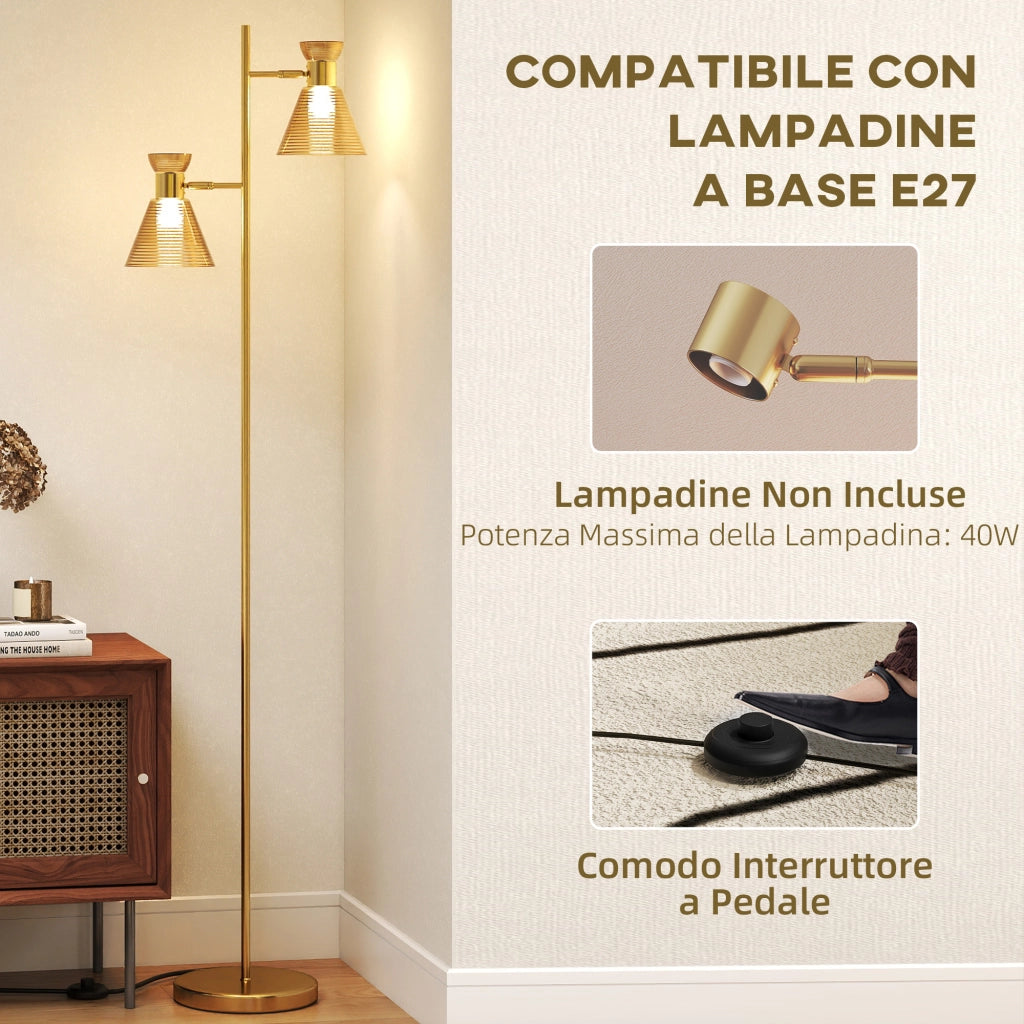Lampada da Terra Moderna con 2 Luci e Teste Regolabili. Interruttore a Pedale. Oro