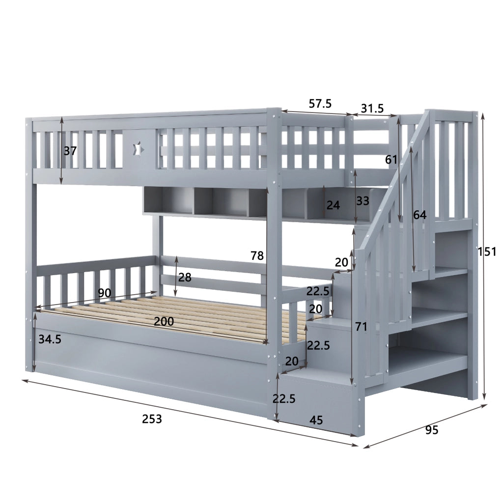 Letto a Soppalco con Contenitore Idraulico e Scaffali ¨C MINIMAL ¨C 90x200, Grigio