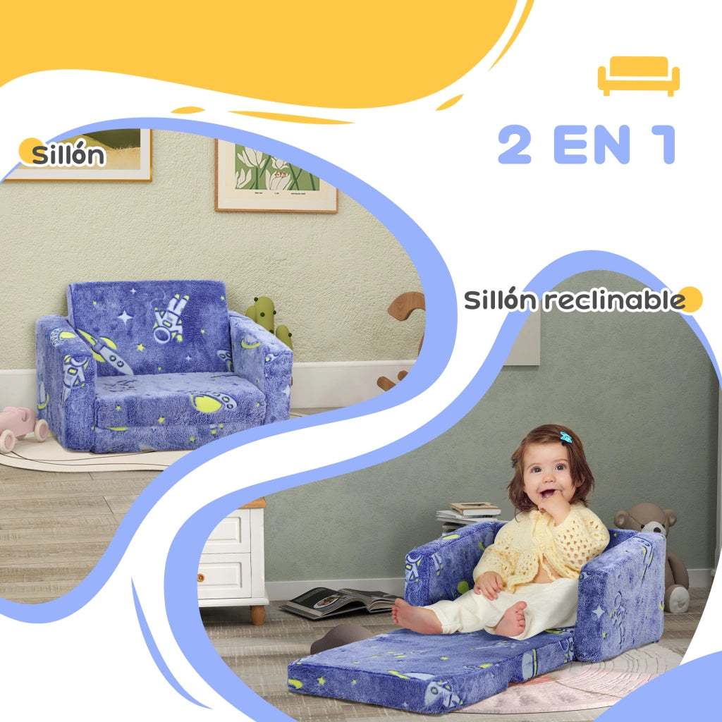 Divano letto per bambini 2 posti ¨C Minimal ¨C Tessuto blu con cuscini lavabili