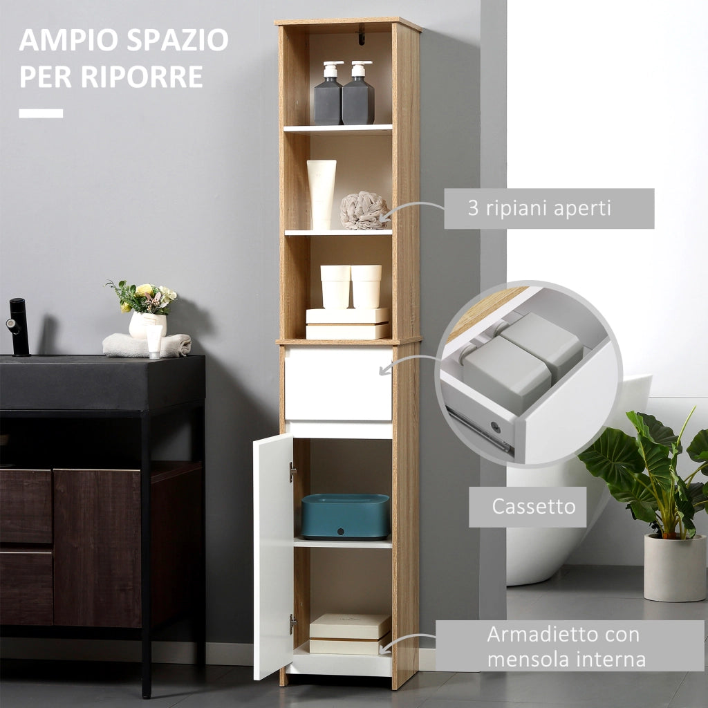 Mobile Bagno Salvaspazio Colonna ¨C Xylo ¨C Legno Bianco con Ripiani Cassetto Armadietto 32.6x30x171.2cm