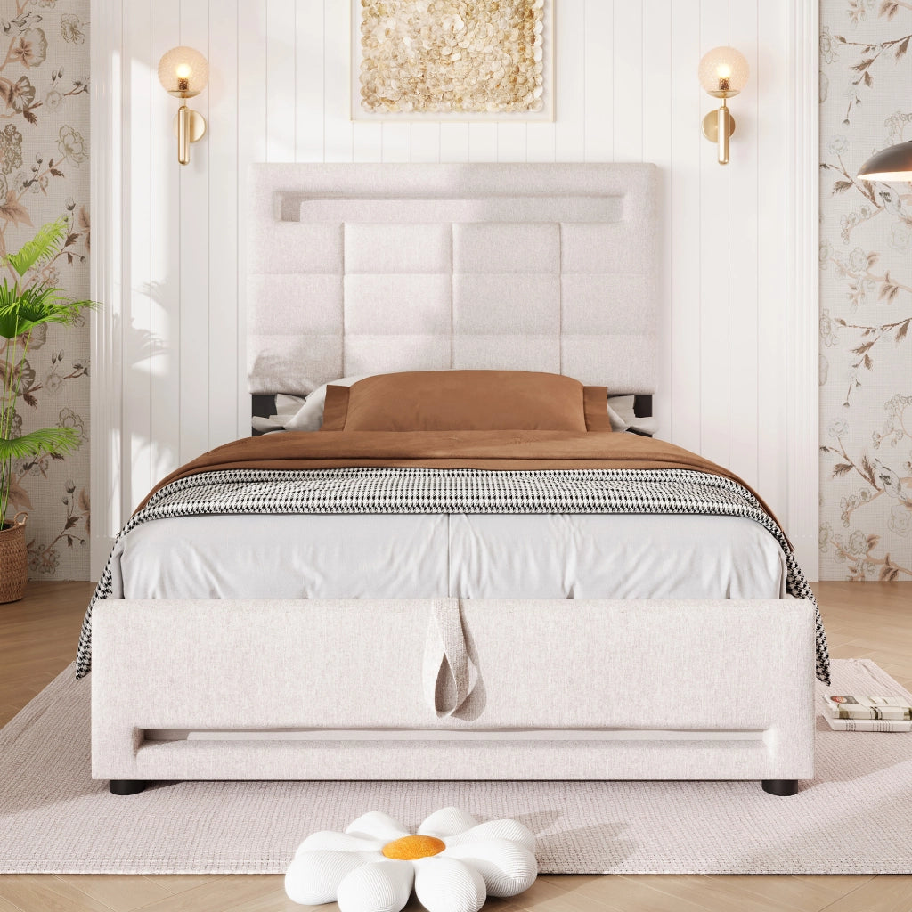 letto imbottito lino beige 90 x 200 cm
