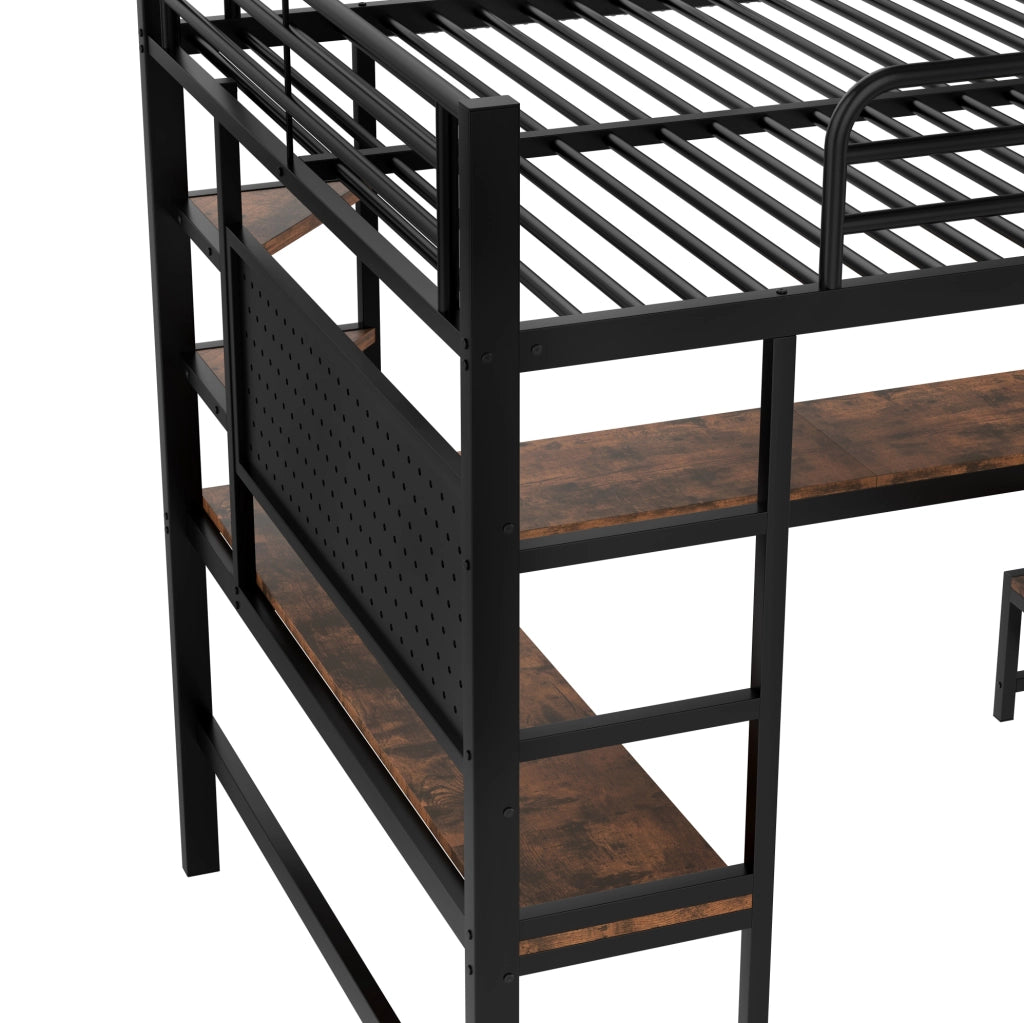 Letto a soppalco 140x200 cm in metallo con scrivania; LED; USB Type-C e ripiani; nero