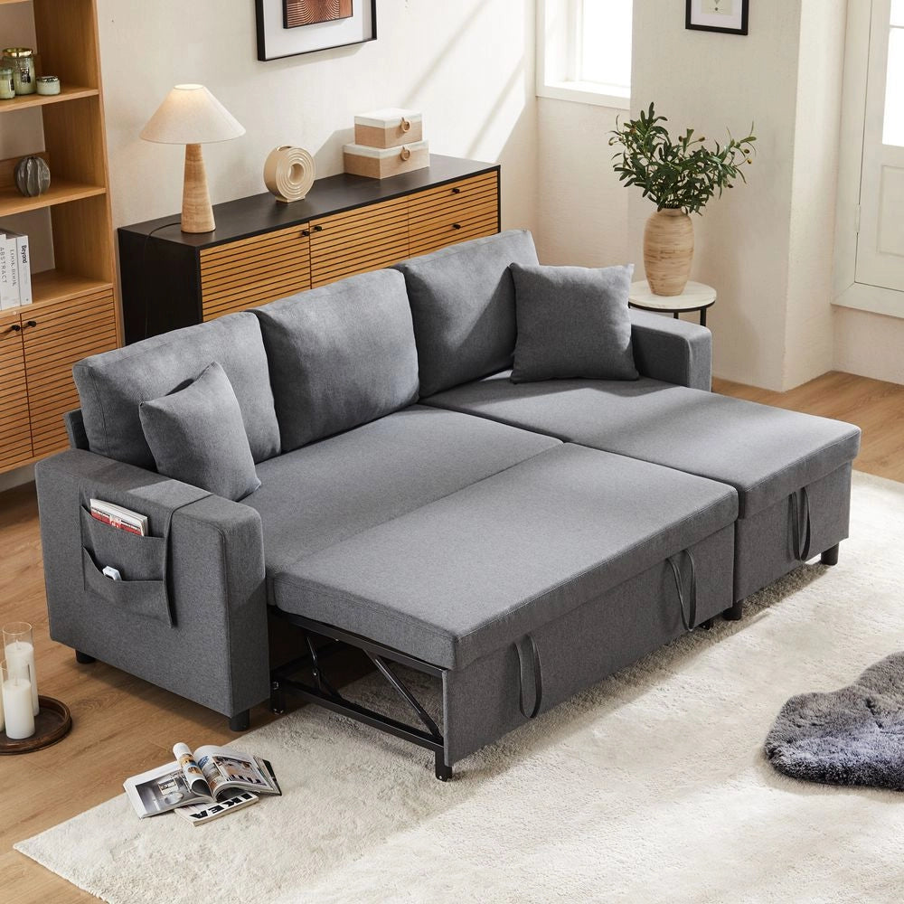 Divano letto angolare - Xylo - Forma L, chaise longue reversibile, grigio
