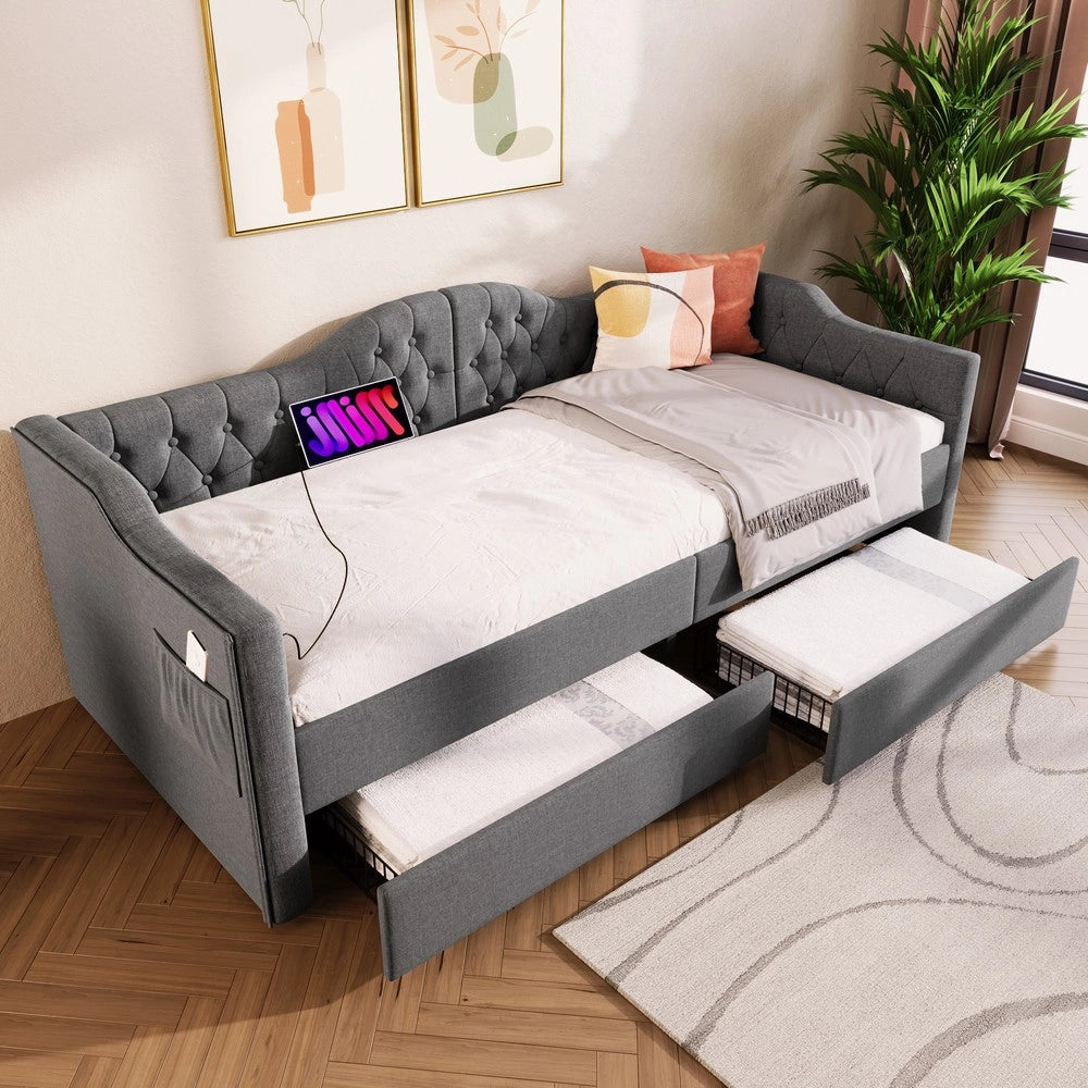 Letto Imbottito con Cassetti e USB ¨C MINIMAL ¨C Grigio, 90x190
