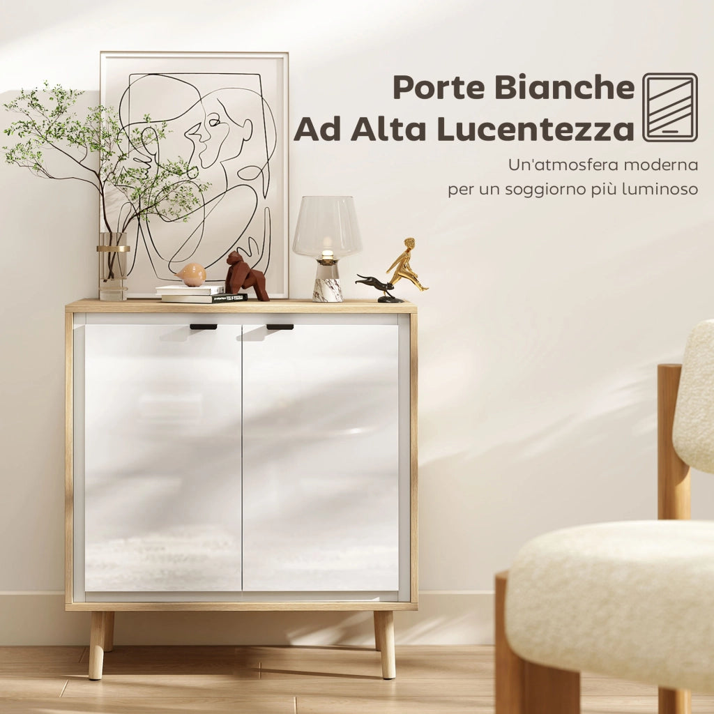 Credenza Moderna a 2 Ante con Ripiano Regolabile. 72x35x77 cm. Bianco Lucido e Rovere