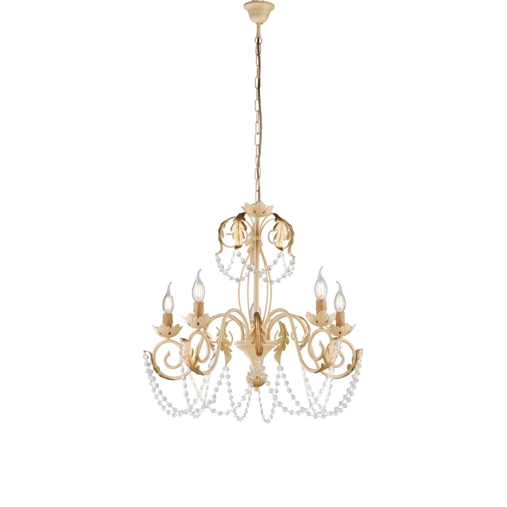 Lampadario Shabby Damasco 5 Luci Ferro Battuto Avorio E Oro Con Cristalli