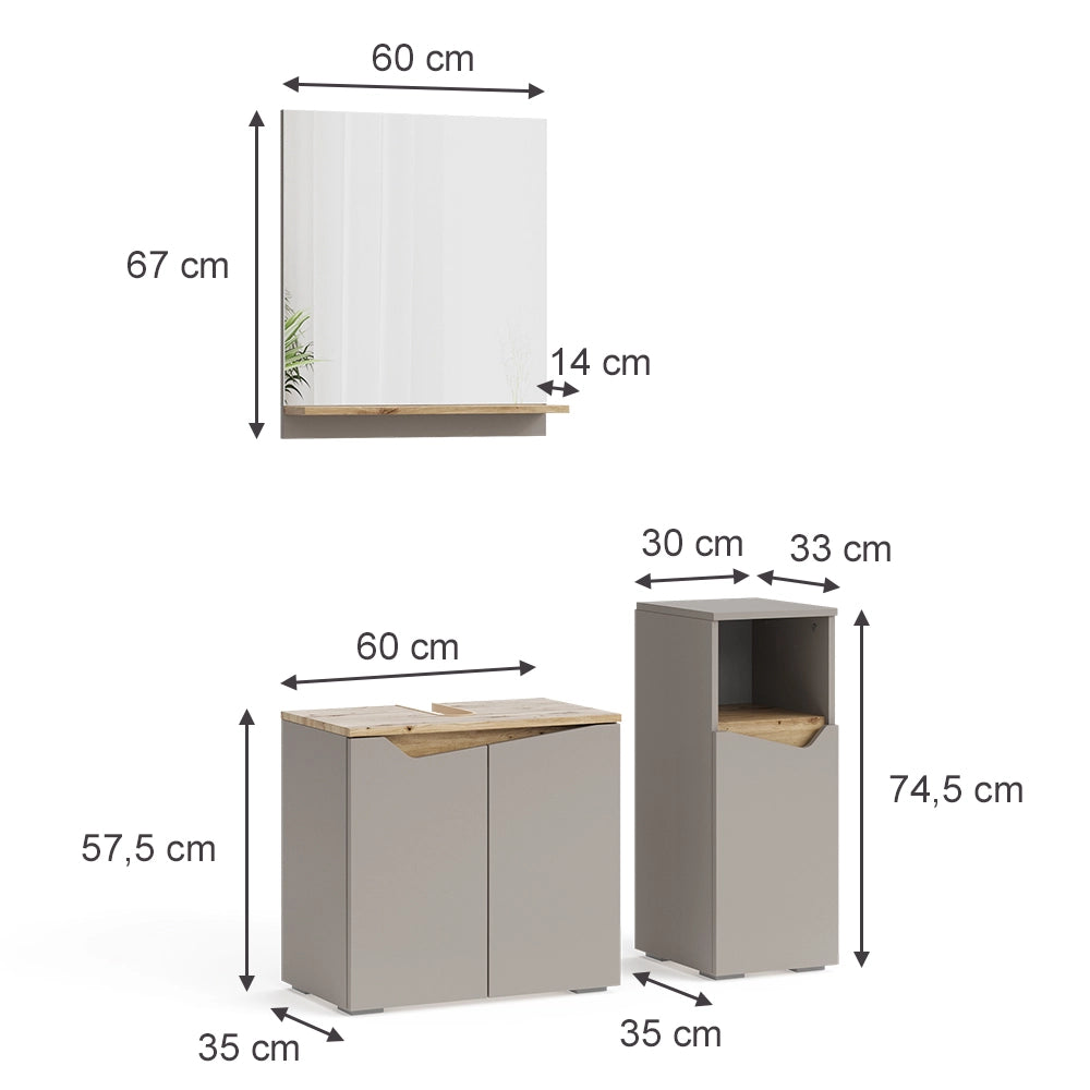 Vicco Mobiletto Grigio 3 pezzi, con cabinet midi