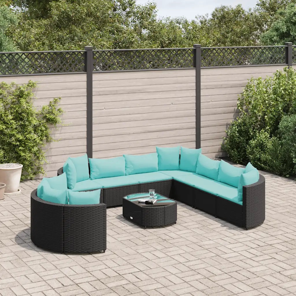 Set Divani da Giardino 10pz con Cuscini in Polyrattan Nero