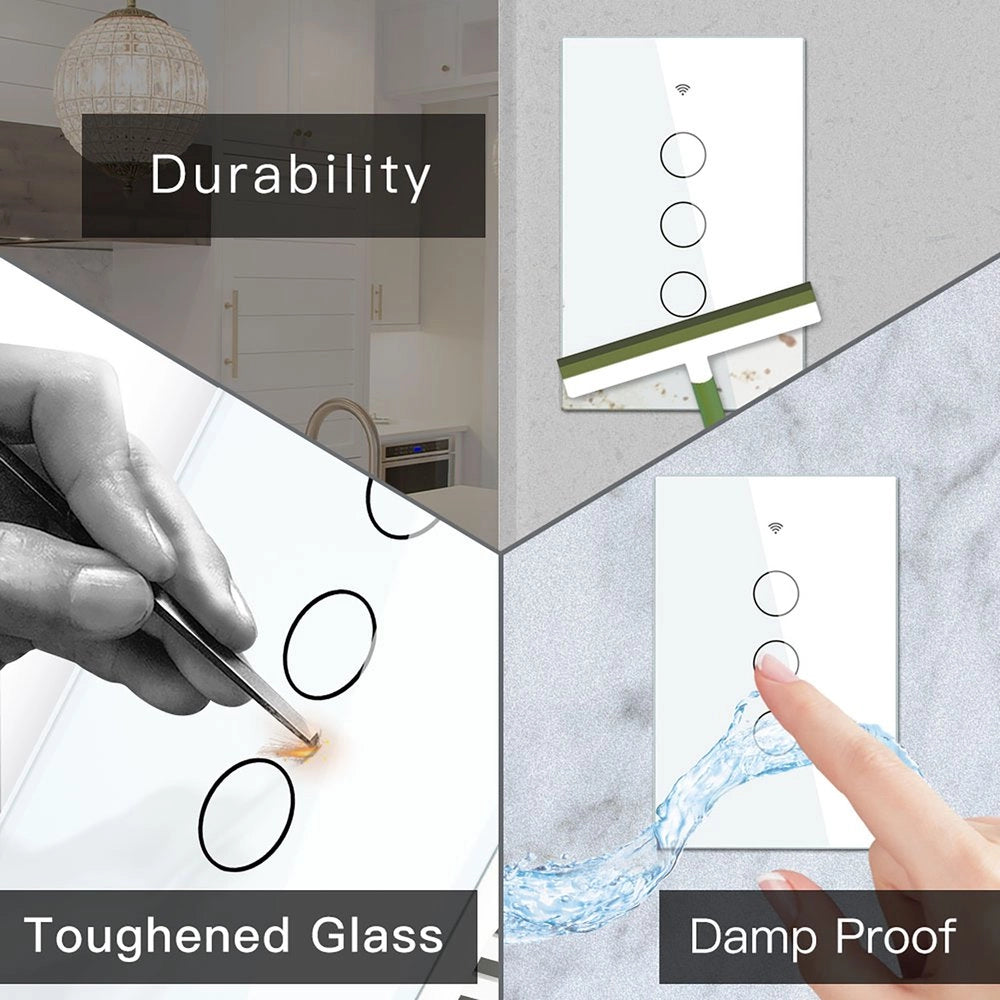 Interruttore Da Parete Touch 3 Tasti, WIFI 2.4G Matter, TUYA, Smart Life,Apple Home, Google Home, Alexa, SmartThings, 10A, AC 90-250V, 50/60HZ, 120X72X38mm, IP20, Bianco
