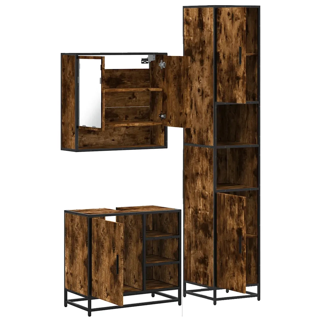Set Mobili da Bagno | Armadio da bagno 3 pz Rovere Fumo in Legno Multistrato