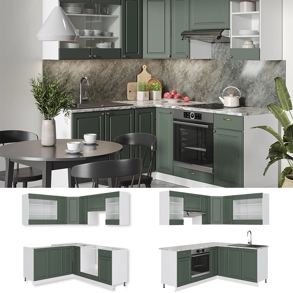 Cucina angolare completa Fame-Line Verde-oro rustico/Bianco 190 x 46 cm senza piano di lavoro Vicco