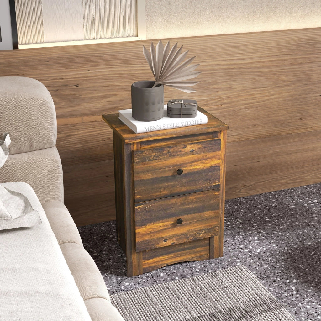 Comodino 2 Cassetti Stile Rustico 40x30x56 cm Marrone