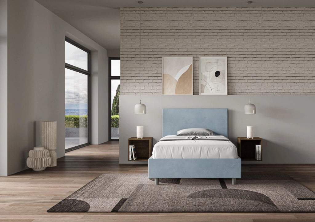 BS COM Letto una piazza e mezza con rete imbottito 120x200 microfibra azzurro