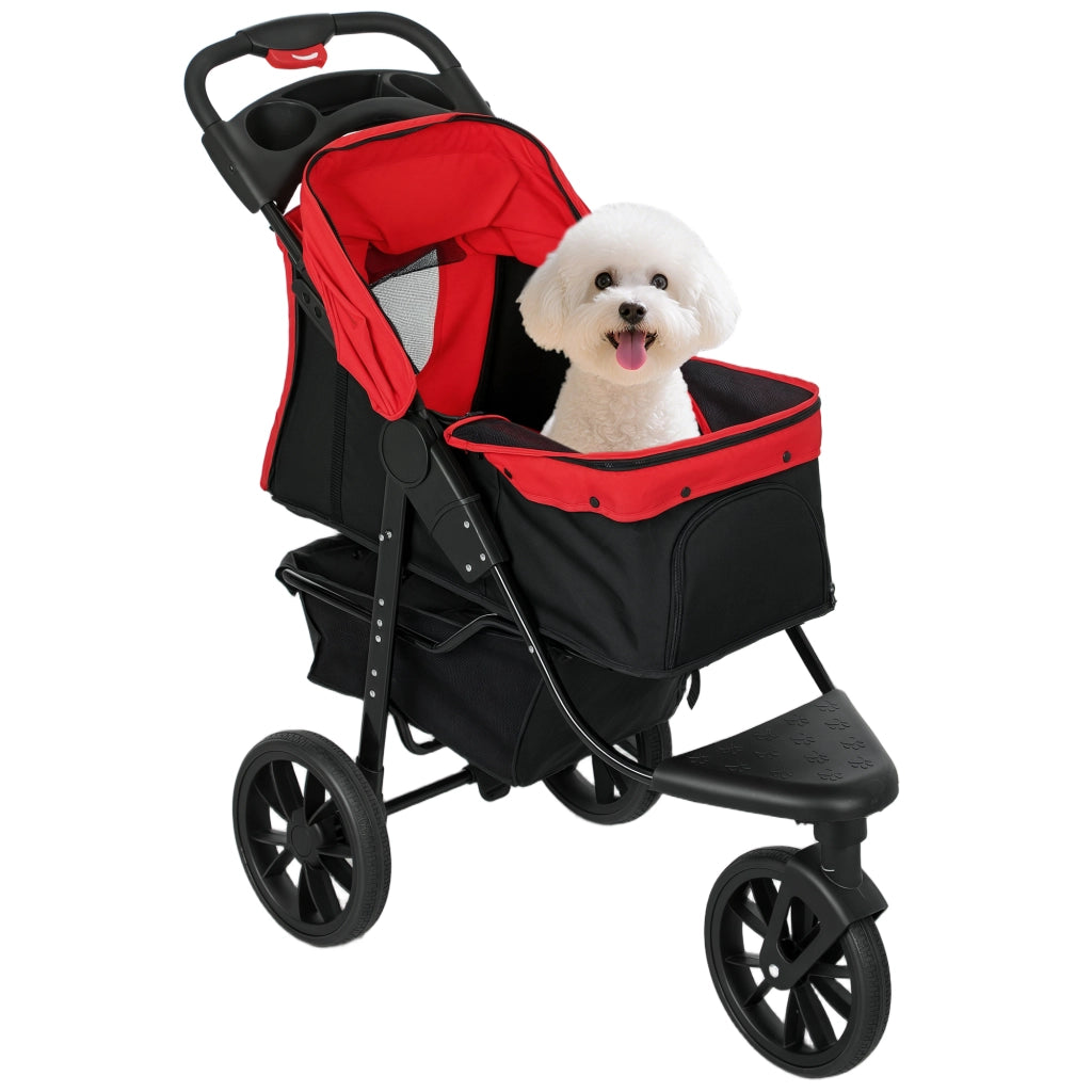 Passeggino per Cani a 3 Ruote ¨C Xylo ¨C con Finestre in Rete, Cestino Portaoggetti e Cinture di Sicurezza, 109,5x57,5x106,5 cm, Rosso