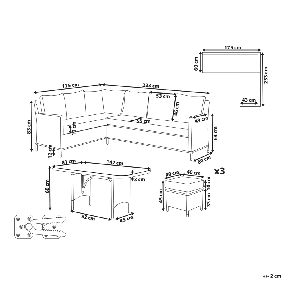 Set di divani da giardino in rattan PE a 9 posti, grigio, con tavolo e pouf cuscini grigi