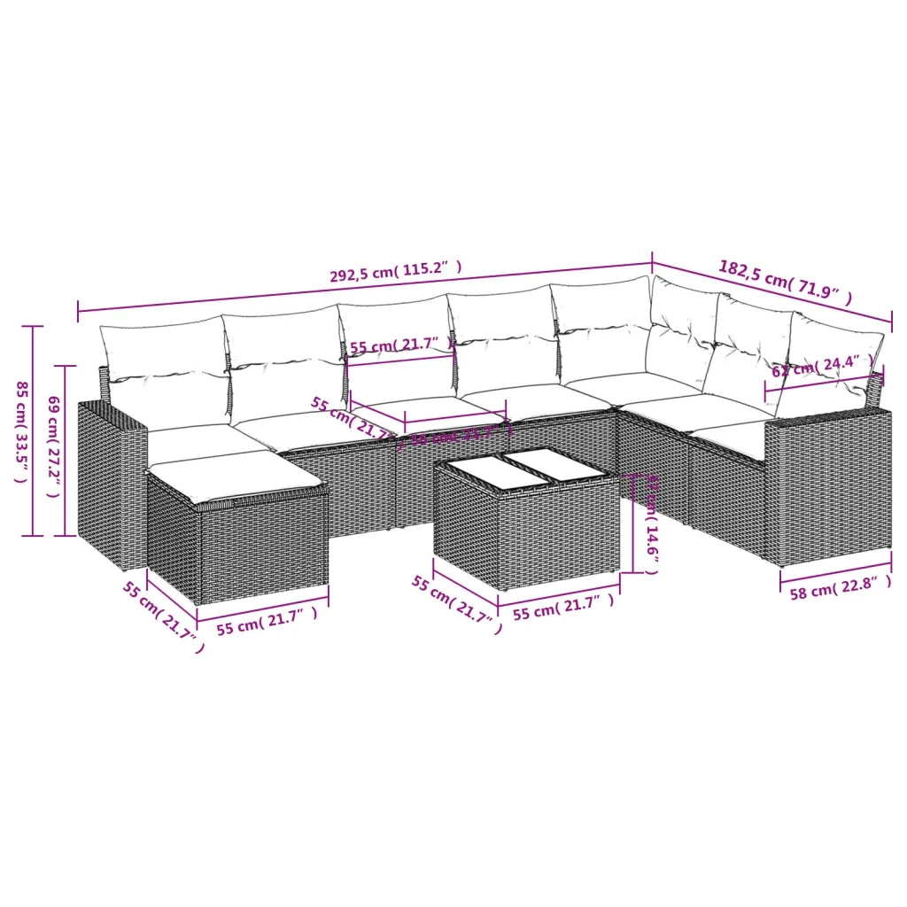 Set Divani da Giardino 9 pz con Cuscini Nero in Polyrattan 3219356