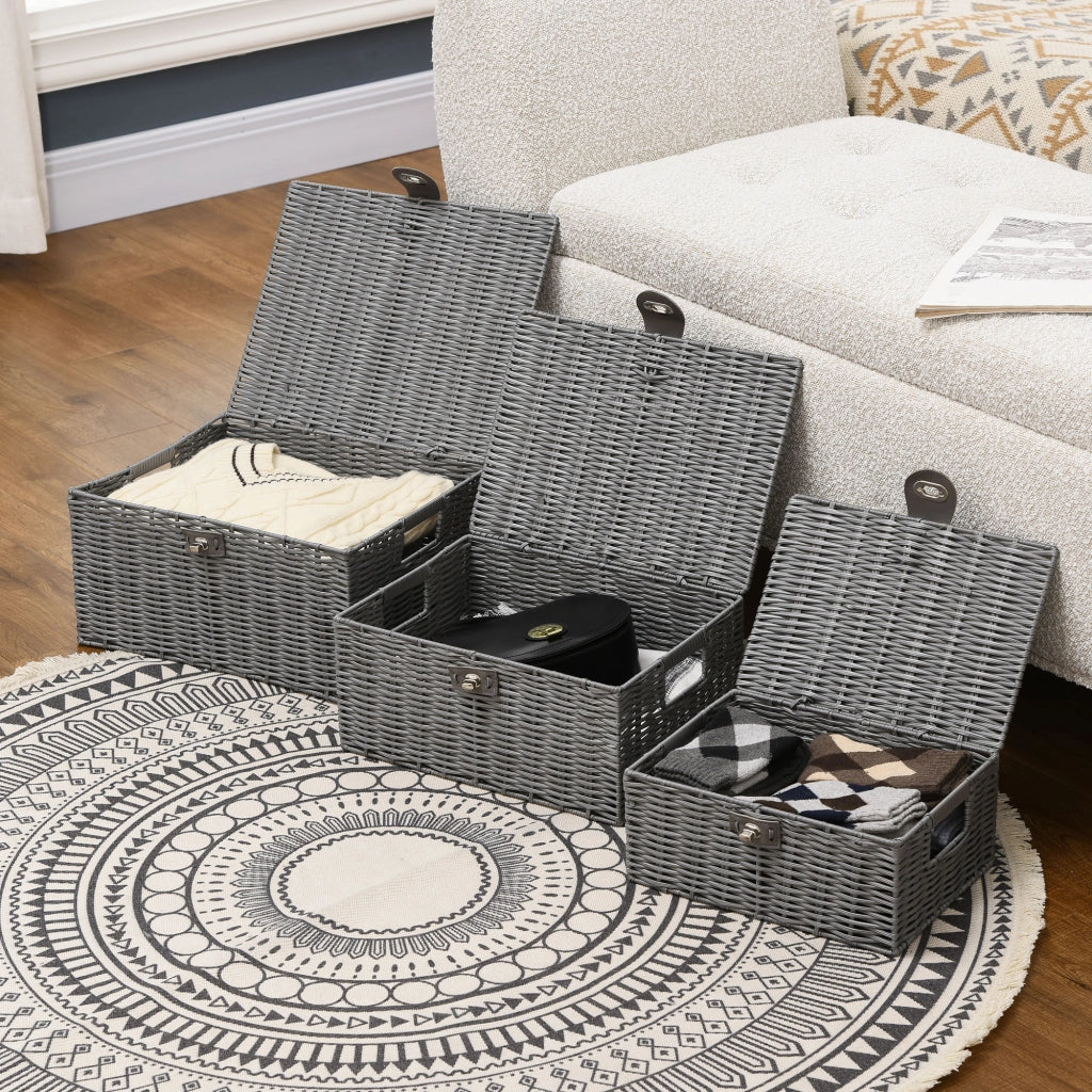 EasyComfort Set di 3 Cesti in Vimini PP con Coperchio di Diverse Dimensioni, Grigio