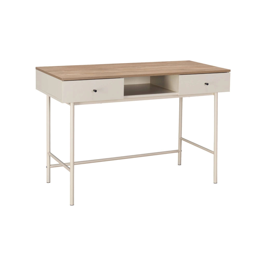 Scrivania decorativa in legno e ferro con 2 cassetti e 1 scomparto,