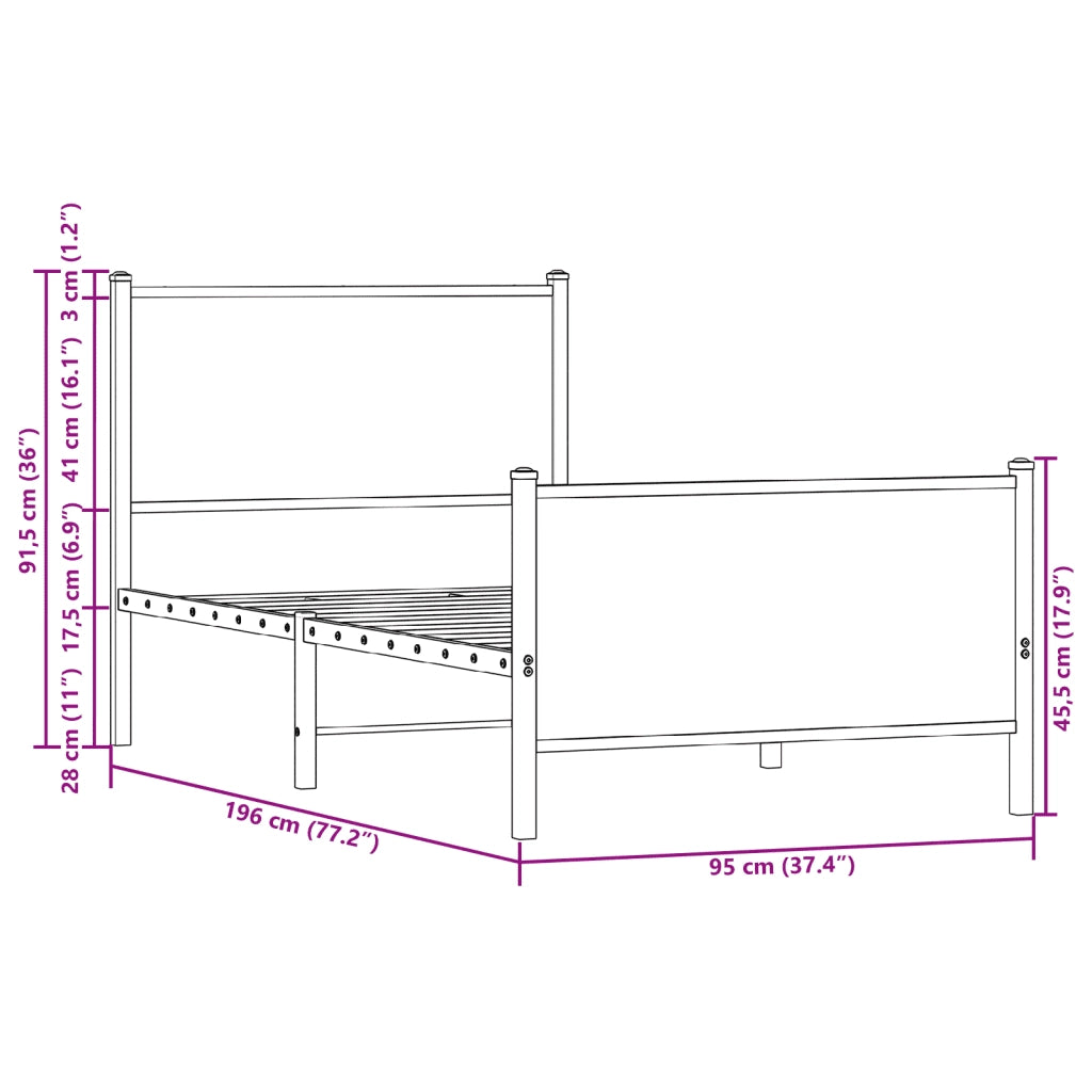 Letto singolo | Letto per adulti | Giroletto senza Materasso in Metallo Rovere Marrone 90x190 cm
